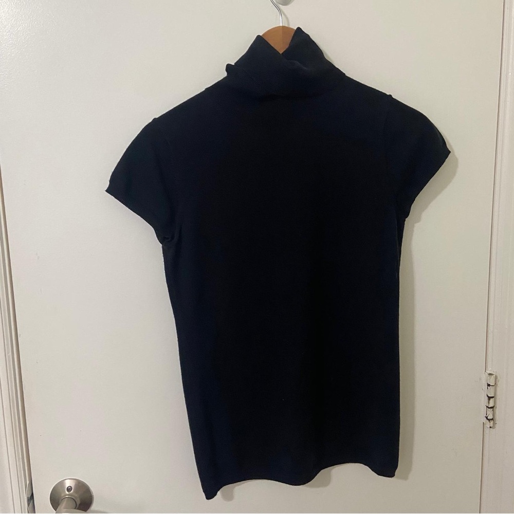 Theory | Women’s Black Short Sleeve Ribbed Hem Wool Turtleneck Top | Size Medium